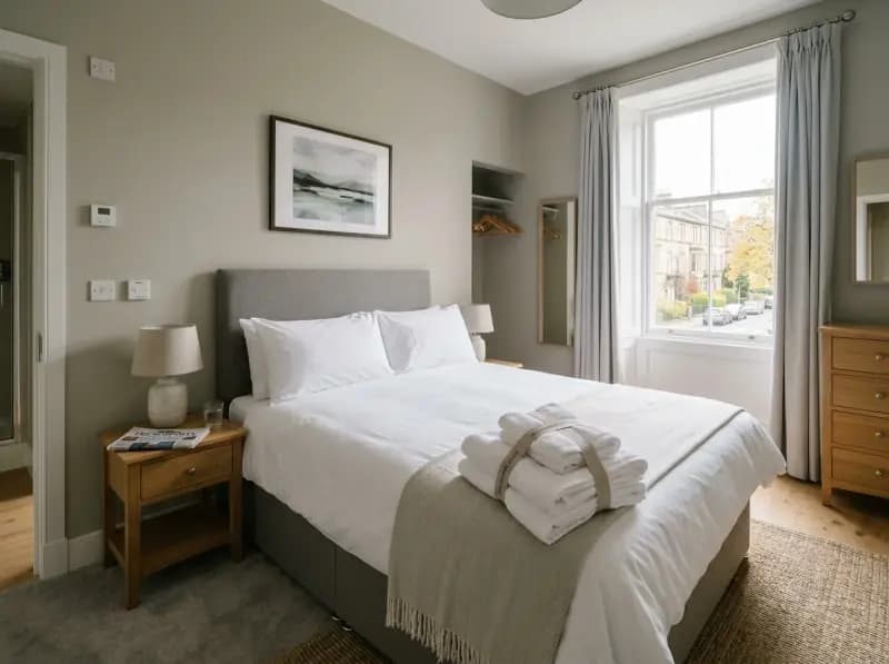 Serviced apartment bedroom with prepared fresh linen bundle