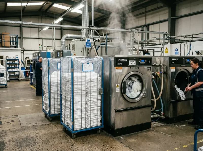 Industrial laundry wash floor with commercial washer-extractors and linen transport roll cages