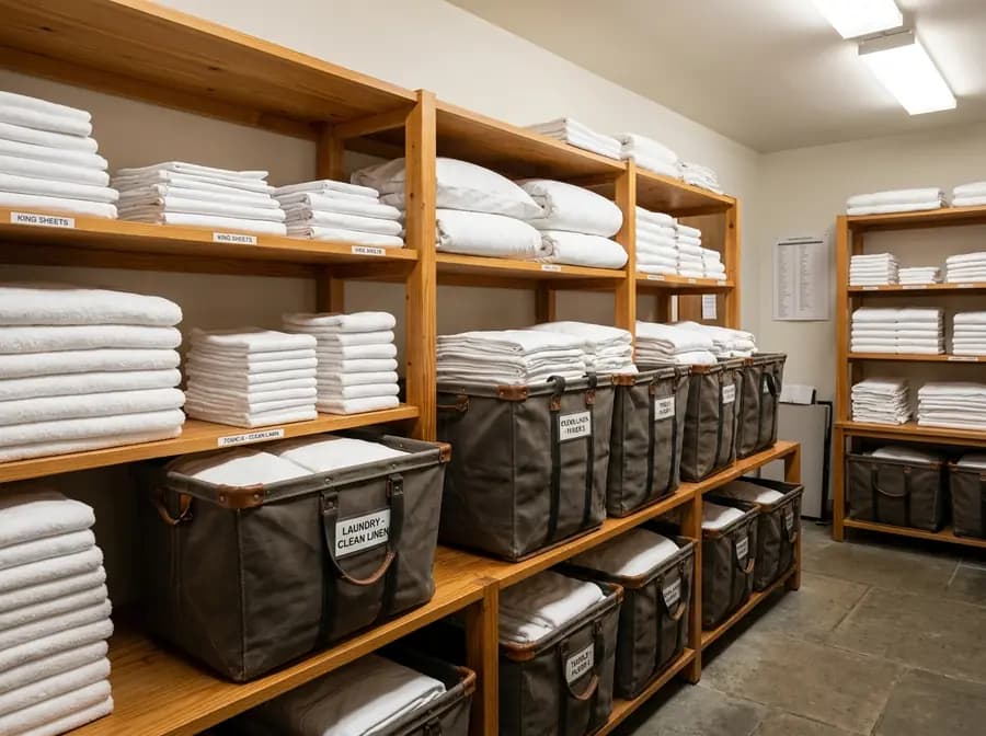 Neatly folded commercial linen in protective hamper bags ready for venue delivery