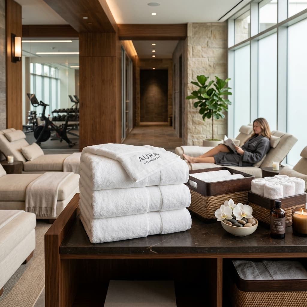 Stack of commercial white towels for hotels and leisure clubs